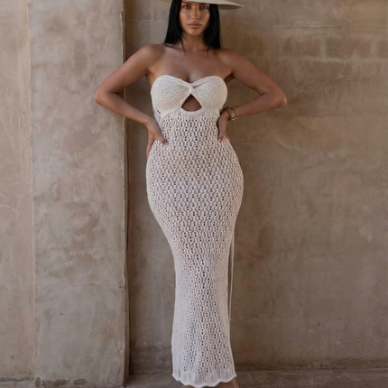 Joni | Strapless Crochet Maxi Dress with Front Split