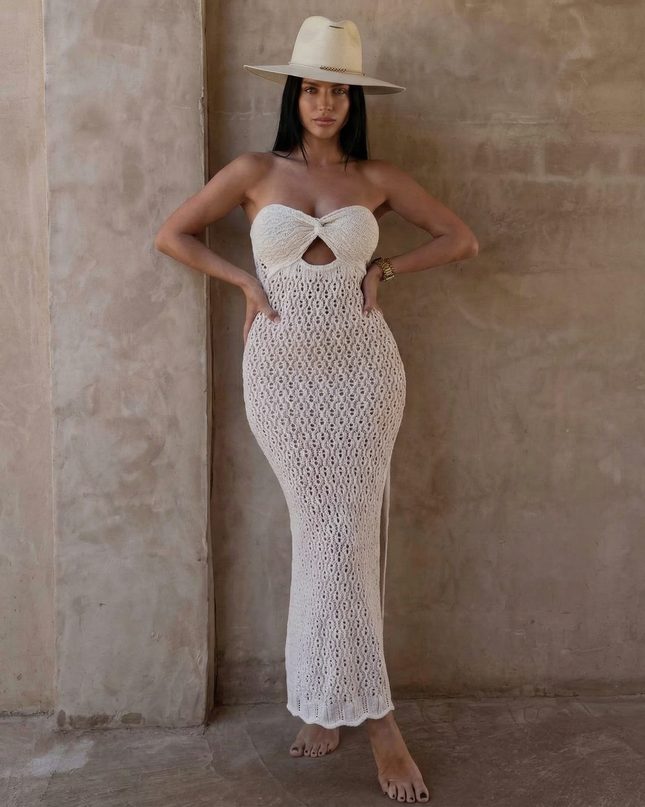 Joni | Strapless Crochet Maxi Dress with Front Split
