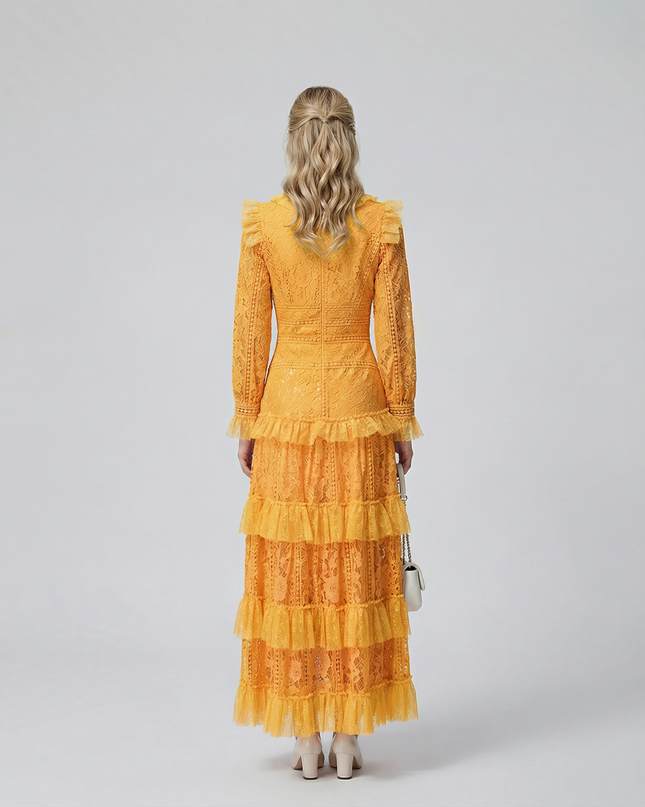 Rebekah | Lace Maxi Dress with Long Sleeves and Tiered Ruffles