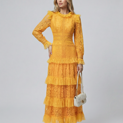Rebekah | Lace Maxi Dress with Long Sleeves and Tiered Ruffles