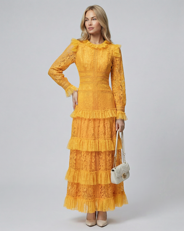 Rebekah | Lace Maxi Dress with Long Sleeves and Tiered Ruffles