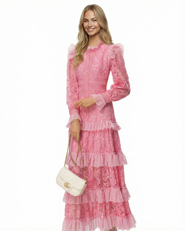 Rebekah | Lace Maxi Dress with Long Sleeves and Tiered Ruffles
