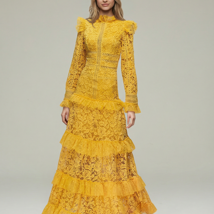 Rebekah | Lace Maxi Dress with Long Sleeves and Tiered Ruffles