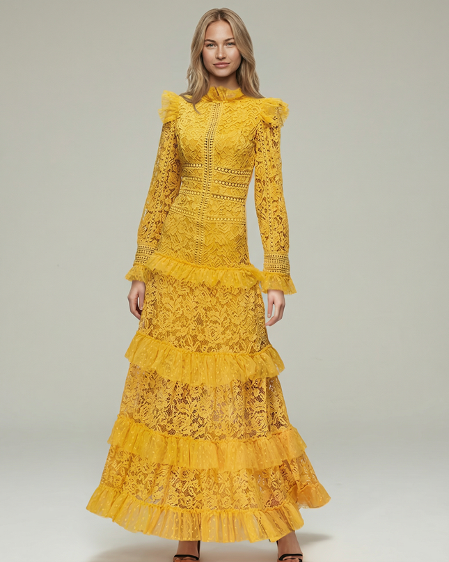 Rebekah | Lace Maxi Dress with Long Sleeves and Tiered Ruffles