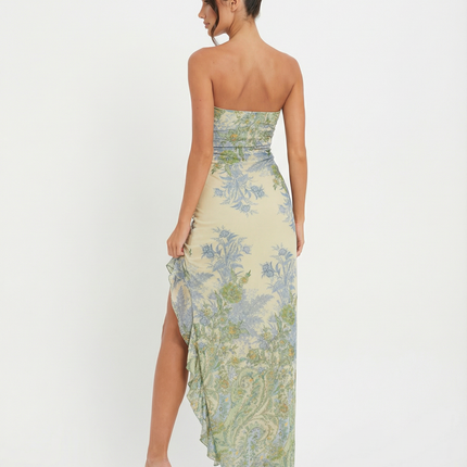 Mae | Strapless Mesh Maxi Dress with High Slit and Asymmetric Hem