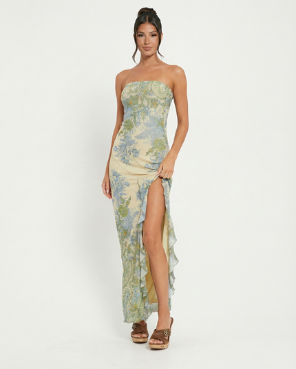 Mae | Strapless Mesh Maxi Dress with High Slit and Asymmetric Hem