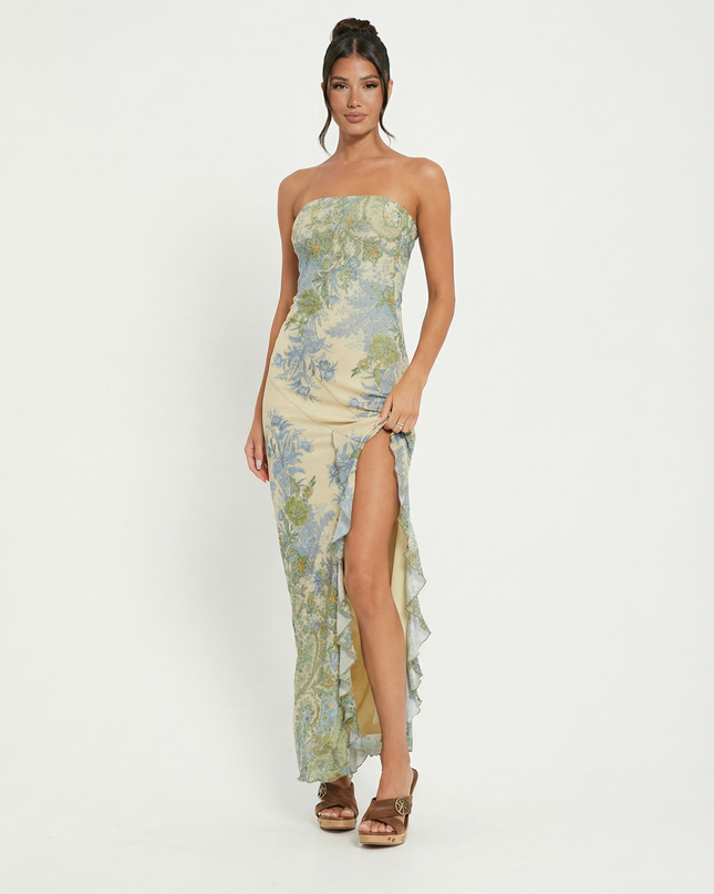 Mae | Strapless Mesh Maxi Dress with High Slit and Asymmetric Hem