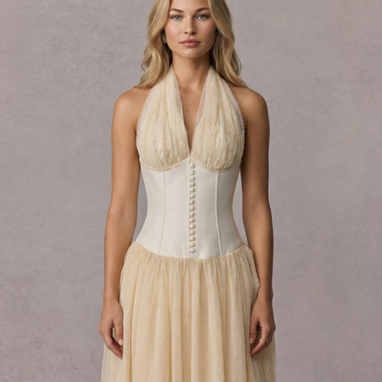 Vivien | Halterneck Maxi Dress with Tulle Overlay