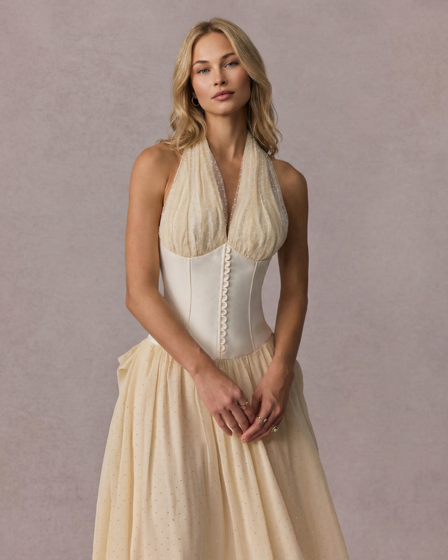 Vivien | Halterneck Maxi Dress with Tulle Overlay