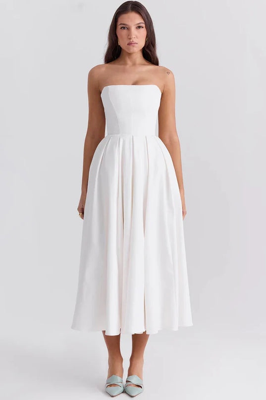 Lesley | Strapless Midi Dress with Pleated Skirt