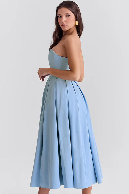 Lesley | Strapless Midi Dress with Pleated Skirt