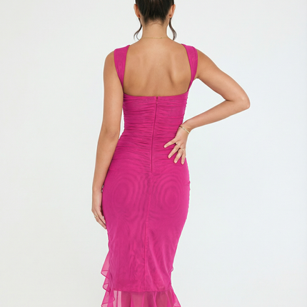 Avery | Ruffle Midi Dress with Ruched Mesh Detail