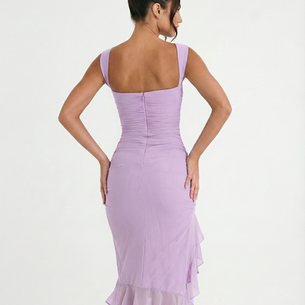 Avery | Ruffle Midi Dress with Ruched Mesh Detail