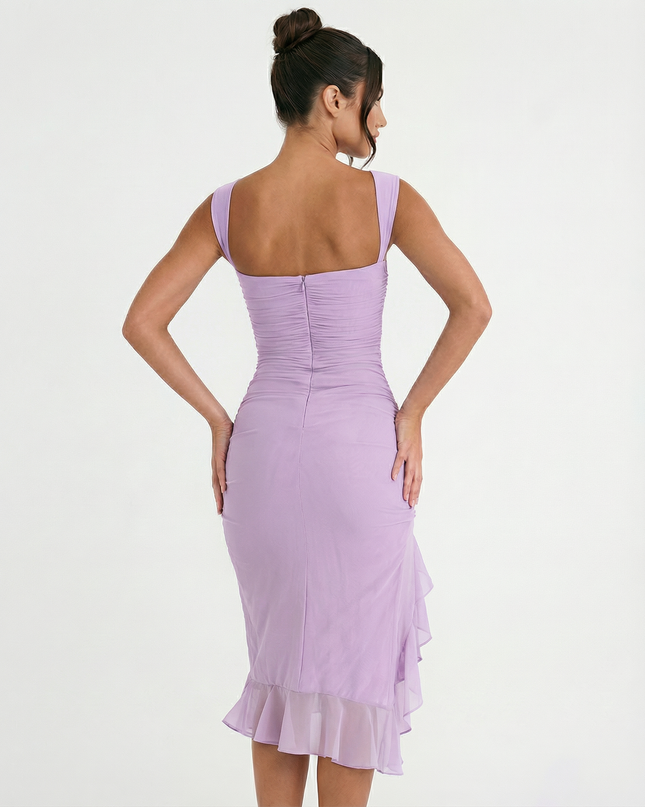 Avery | Ruffle Midi Dress with Ruched Mesh Detail