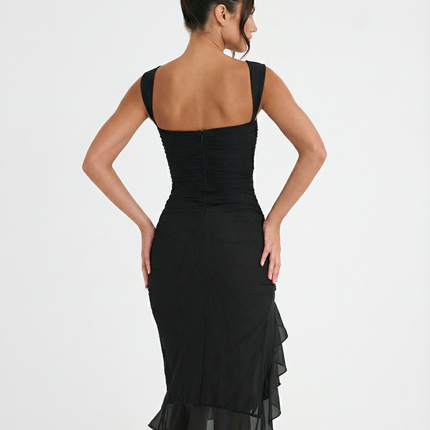 Avery | Ruffle Midi Dress with Ruched Mesh Detail