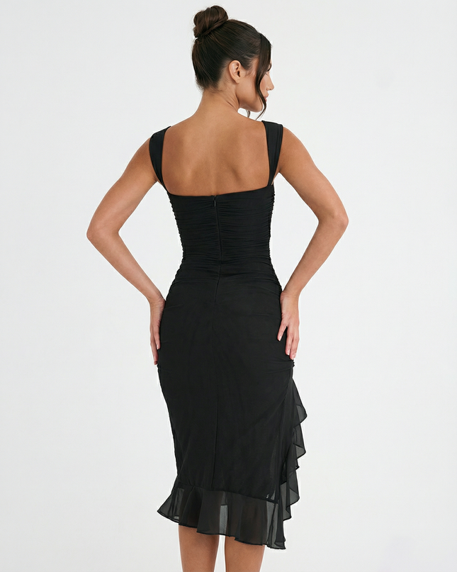 Avery | Ruffle Midi Dress with Ruched Mesh Detail