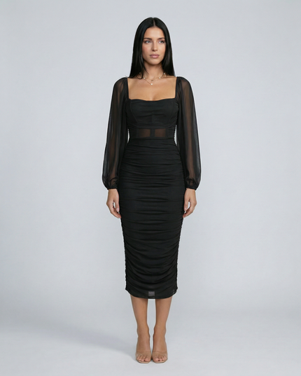Debra | Ruched Midi Dress with Sheer Long Sleeves