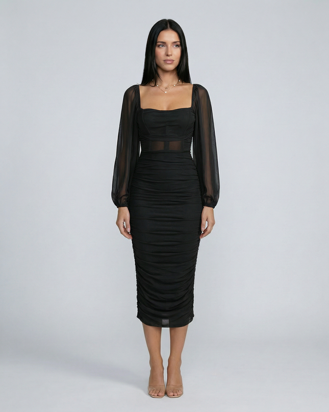 Debra | Ruched Midi Dress with Sheer Long Sleeves