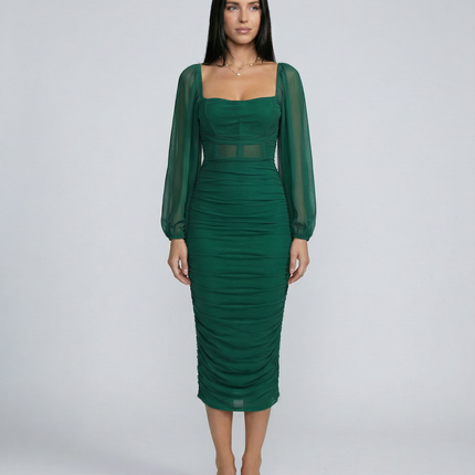 Debra | Ruched Midi Dress with Sheer Long Sleeves
