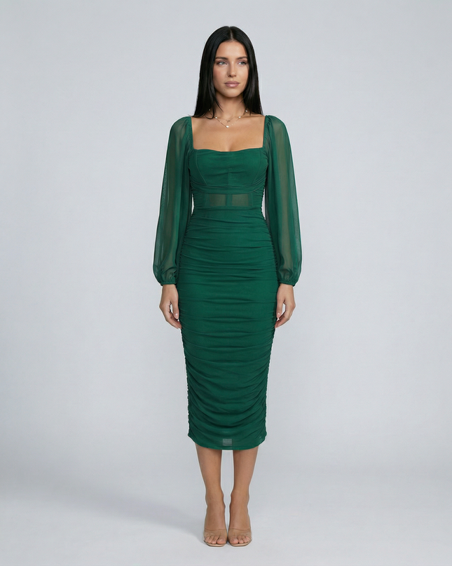 Debra | Ruched Midi Dress with Sheer Long Sleeves
