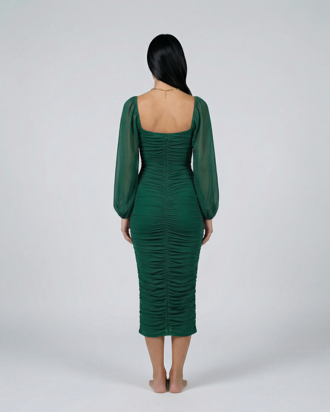 Debra | Ruched Midi Dress with Sheer Long Sleeves