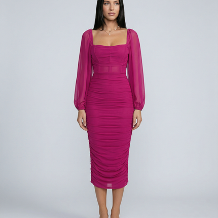 Debra | Ruched Midi Dress with Sheer Long Sleeves