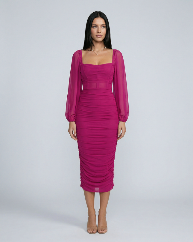 Debra | Ruched Midi Dress with Sheer Long Sleeves