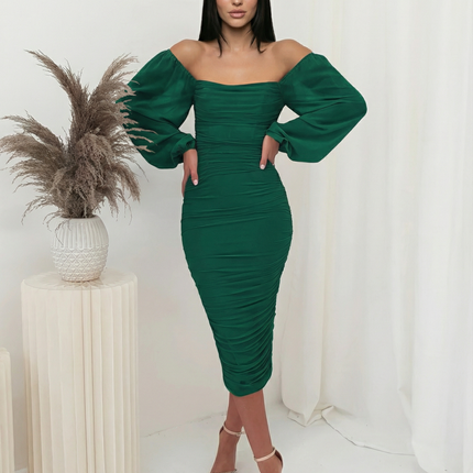 Debra | Ruched Midi Dress with Sheer Long Sleeves