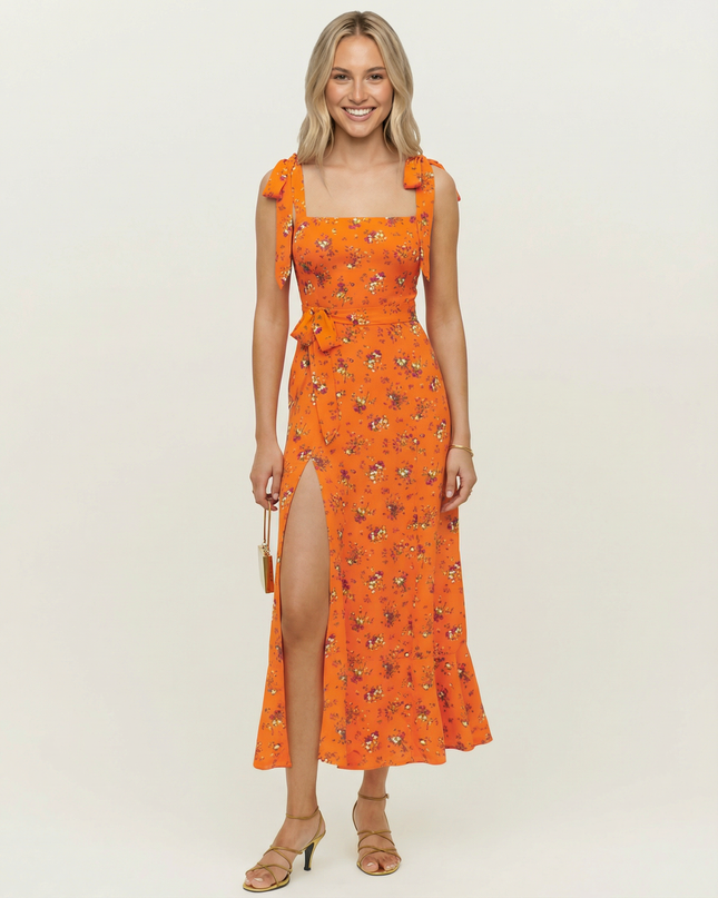Pauline | Square Neck Midi Dress with Side Slit