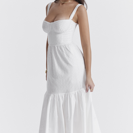 Katrina | Broderie Anglaise Midi Dress with Corset Bodice
