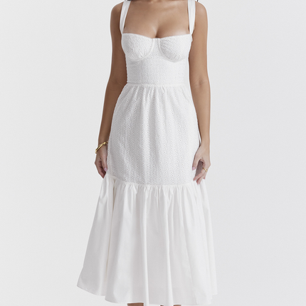 Katrina | Broderie Anglaise Midi Dress with Corset Bodice