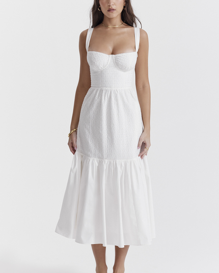 Katrina | Broderie Anglaise Midi Dress with Corset Bodice