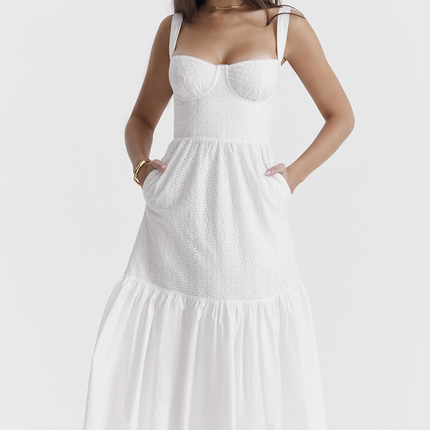 Katrina | Broderie Anglaise Midi Dress with Corset Bodice