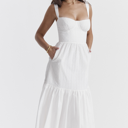 Katrina | Broderie Anglaise Midi Dress with Corset Bodice
