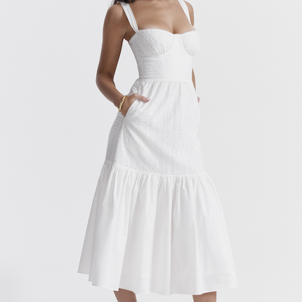 Katrina | Broderie Anglaise Midi Dress with Corset Bodice