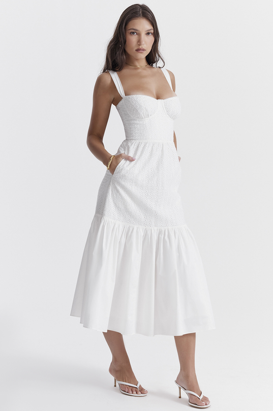 Katrina | Broderie Anglaise Midi Dress with Corset Bodice