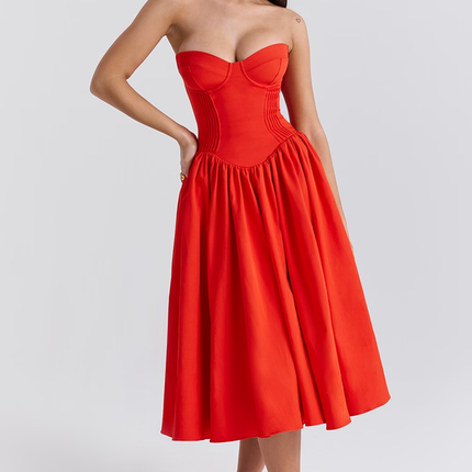 Elizabeth | Strapless Midi Sundress with Corset Bodice