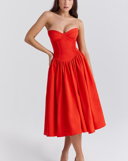 Elizabeth | Strapless Midi Sundress with Corset Bodice