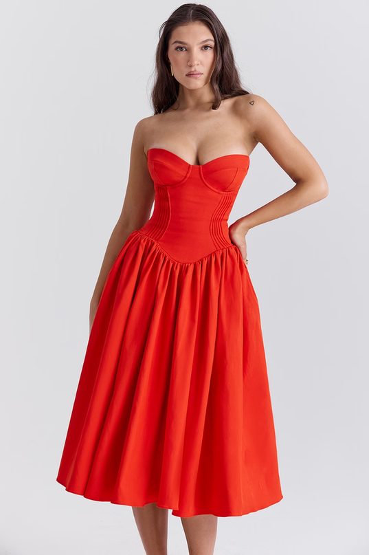 Elizabeth | Strapless Midi Sundress with Corset Bodice