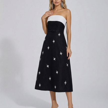 Emberlyn | Strapless Crystal Tweed Midi Dress with Belt Detail