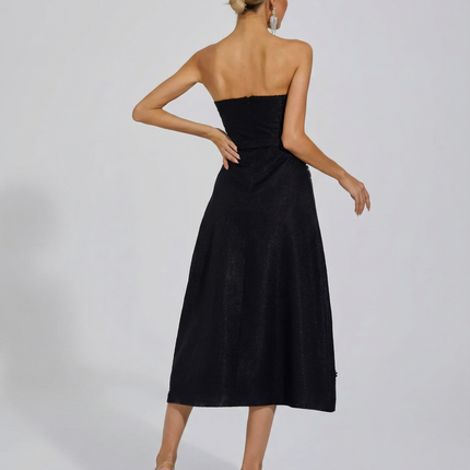 Emberlyn | Strapless Crystal Tweed Midi Dress with Belt Detail