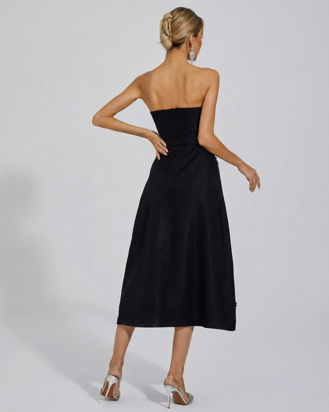 Emberlyn | Strapless Crystal Tweed Midi Dress with Belt Detail