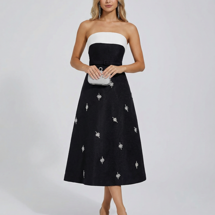 Emberlyn | Strapless Crystal Tweed Midi Dress with Belt Detail