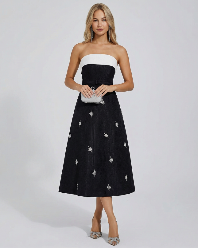 Emberlyn | Strapless Crystal Tweed Midi Dress with Belt Detail