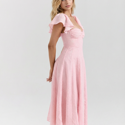Samantha | Floral Jacquard Midi Dress with Butterfly Sleeves
