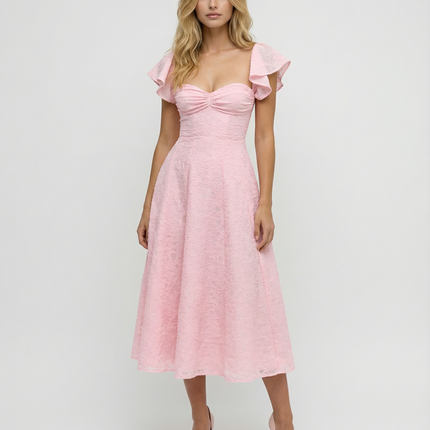 Samantha | Floral Jacquard Midi Dress with Butterfly Sleeves
