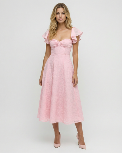 Samantha | Floral Jacquard Midi Dress with Butterfly Sleeves
