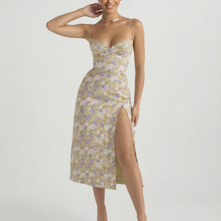 Lydia | Floral Midi Sundress with Lace Sweetheart Neckline