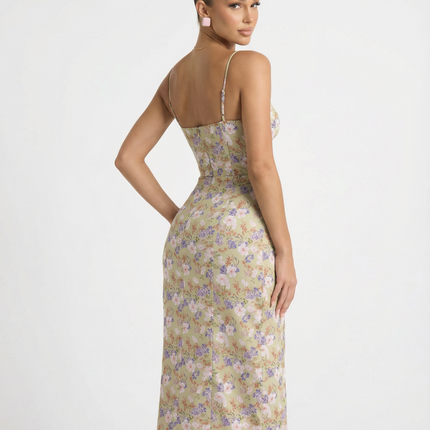Lydia | Floral Midi Sundress with Lace Sweetheart Neckline