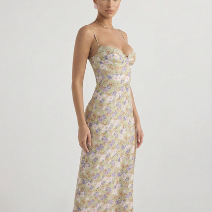 Lydia | Floral Midi Sundress with Lace Sweetheart Neckline